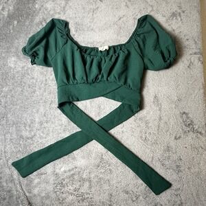 Altr'd State Green Wrap Top With Puff Sleeves Ribbon Tie In Back Festival Size S